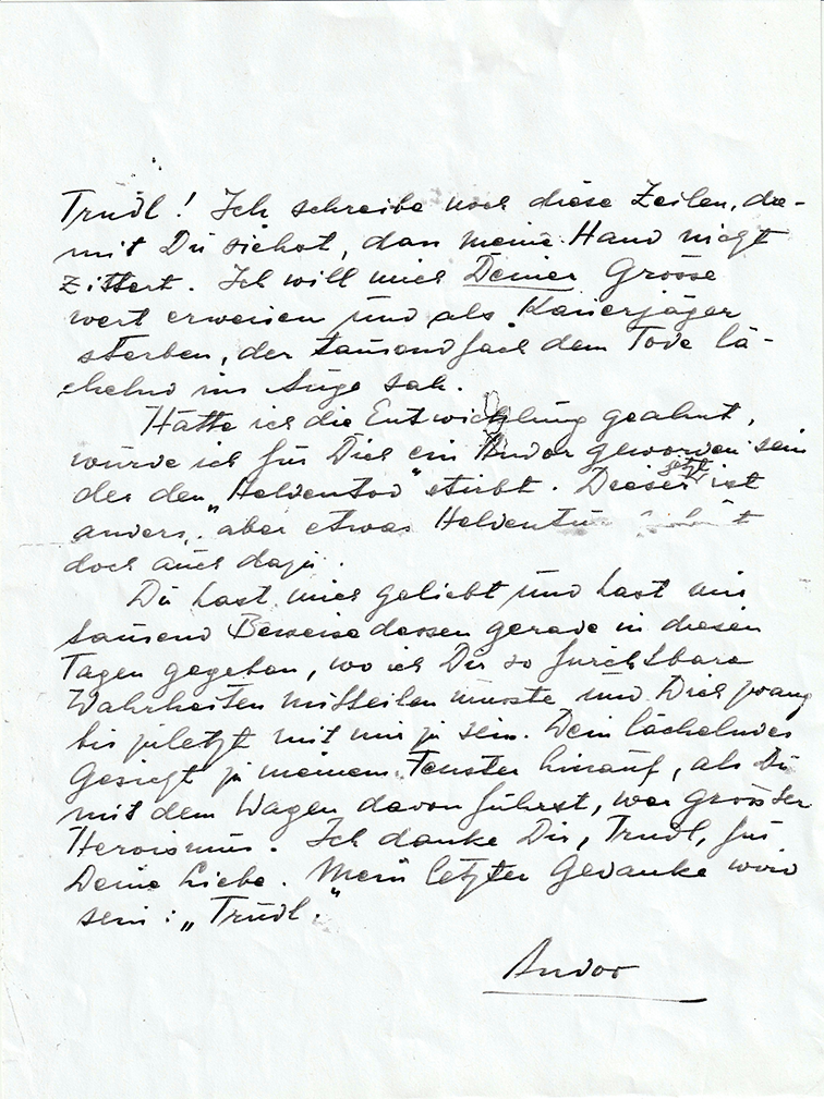 Abschiedsbrief von Ákos an seine Frau Trudl, in dem er seine Liebe zu ihr sowie den Wunsch nach einem heldenvollen Tod hervorhebt.