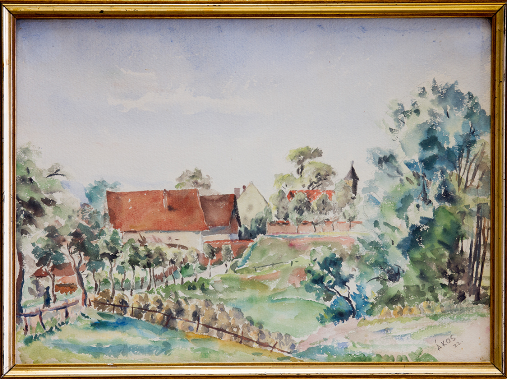 Ein Aquarellgemälde gemalt von Andor Ákos, das eine idyllische Landschaft mit einem kleinen Dorf zeigt