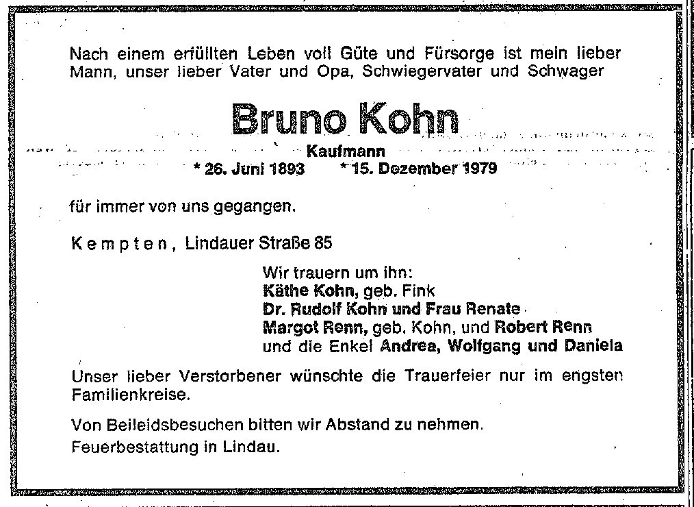 Traueranzeige von Bruno Kohn mit Dank