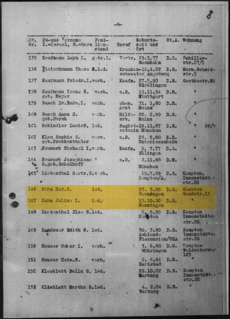 Deportationsliste von Julius (laufende Nummer: 146) und Hedwig (laufende Nummer: 147) Kohn