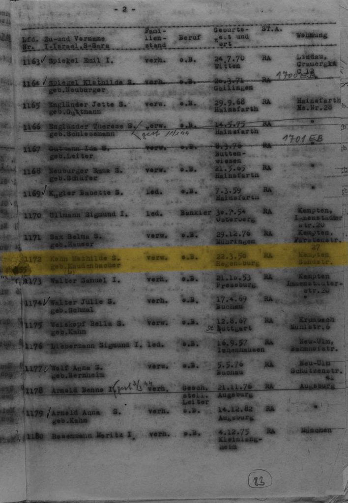 Deportationsliste mit Kohn Mathilde (geb. Laudenbacher) aufgelistet als "laufende Nummer " 1172 und weiteren Informationen