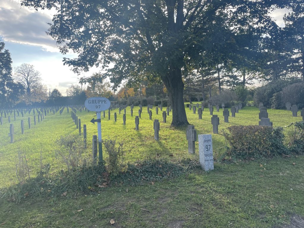 Hinter einem großen Baum erstrecken sich Reihen an Gräbern