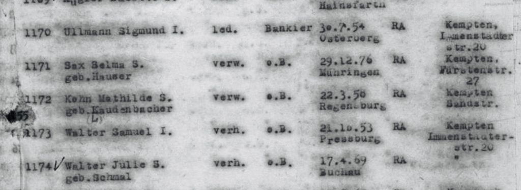 Deportationsliste mit unter anderem Sigmund Ullmann