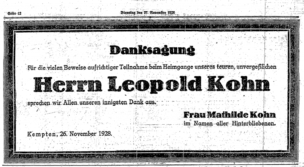 Danksagung an den Herrn Leopold Kohn