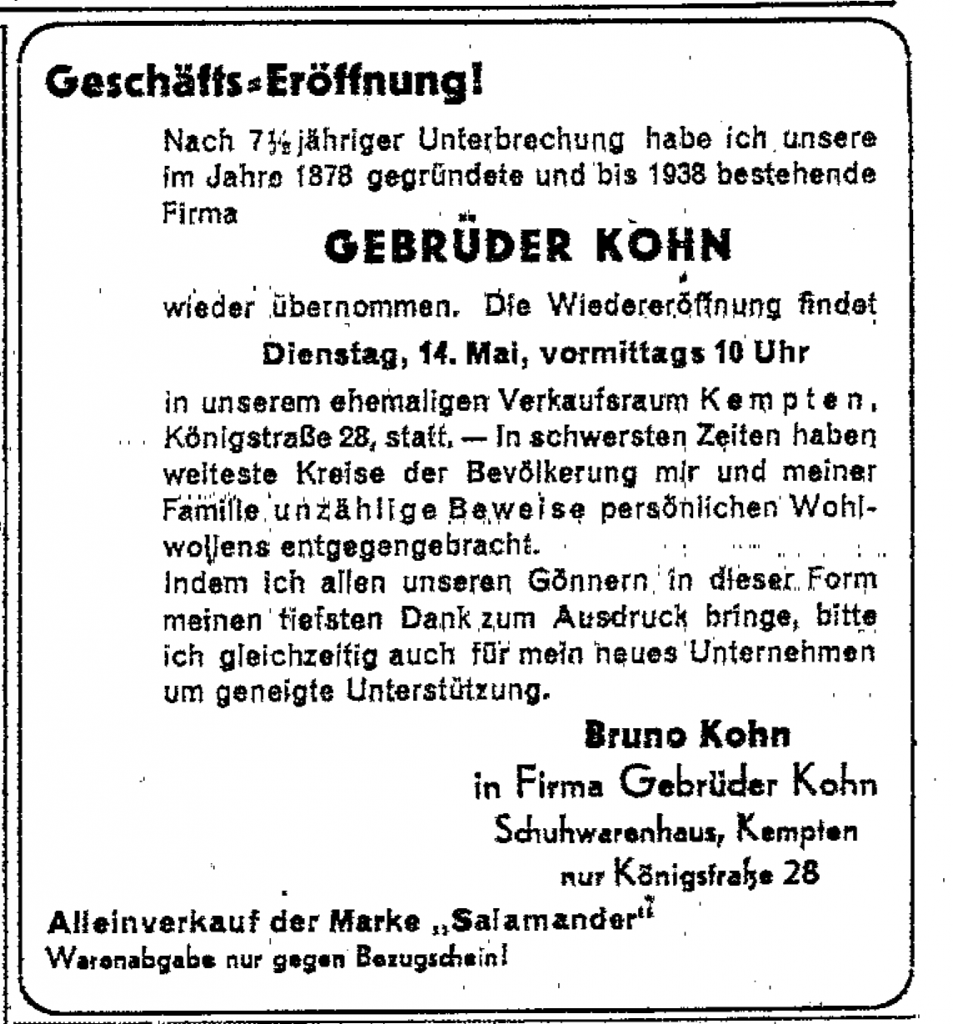 Zeitungsanzeige von der Wiedereröffnung des Geschäftes Gebrüder Kohn