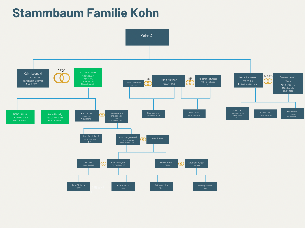 Stammbau der Familie Kohn, Anfang bei Kohn A. bis zu heutigen Nachfahren.
